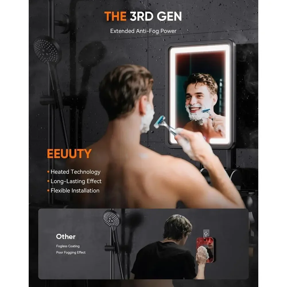 Fogless Shower Mirror Heating Light Shaving Mirror with Razor Holder Large 9.5*8